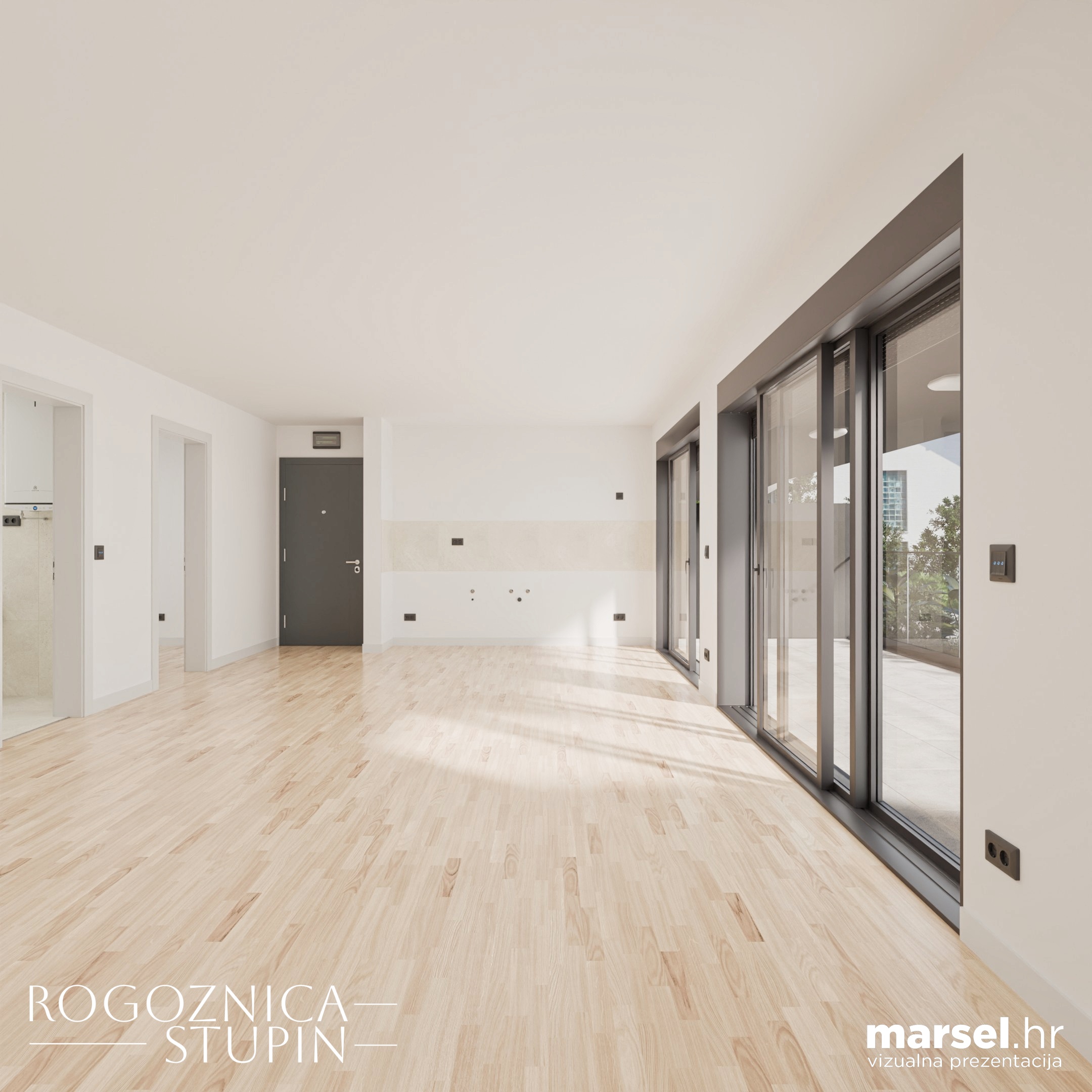 Vizualizacija interijera apartmana u novogradnji Rogoznica Stupin. Prostrani i svijetli unutarnji prostori s pogledom na more, idealni za stanovanje ili investiranje u apartman na dalmatinskoj obali.